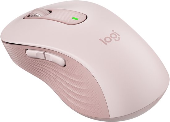 Roze Logitech M650 L muis met scrollwiel, knoppen en roze geribbelde zijkanten.
