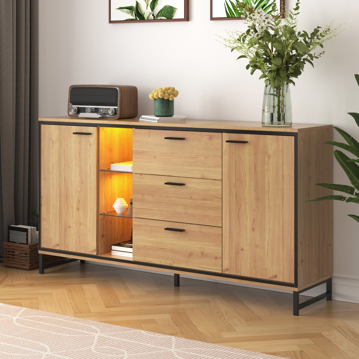 Sweiko Sideboard met 3 lades, met 2 deuren. Prachtig graan. Modern Dressoir in houtkleur met opbergvakken – Stijlvol en functioneel Woonmeubilair. Zwart en houtkleur Zwart en Natuurlijk