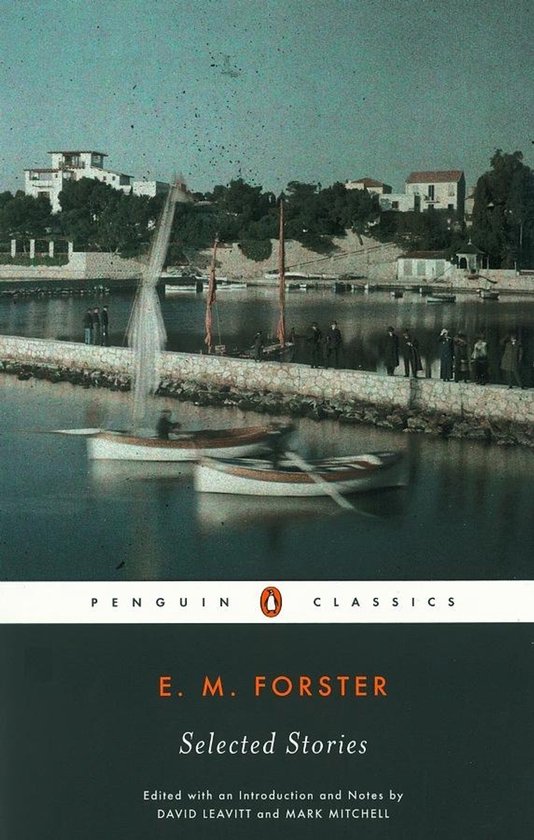 Boekcover van 'Selected Stories' van E. M. Forster, met een afbeelding van boten op het water en gebouwen op de achtergrond.