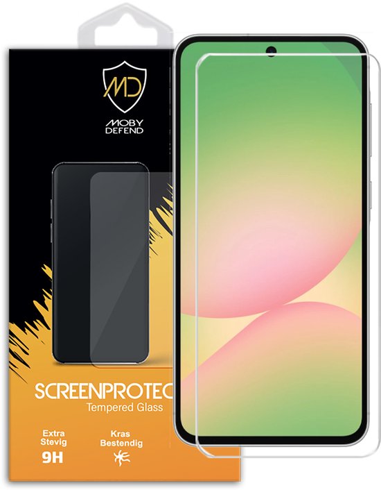 MobyDefend screenprotector van gehard glas voor een smartphone met een groen en roze scherm.