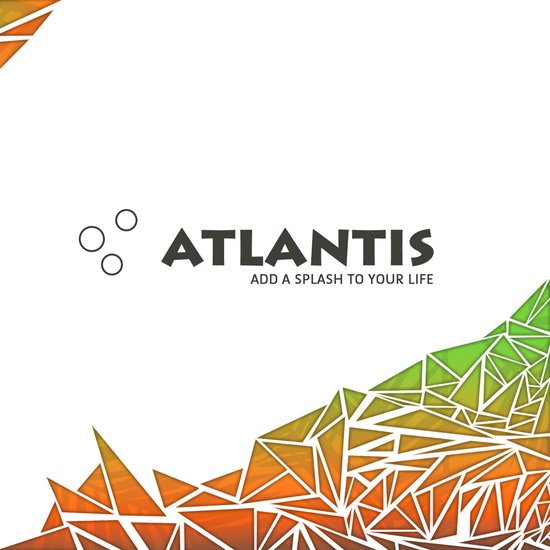 Logo van Atlantis met geometrische vormen in oranje en groen.