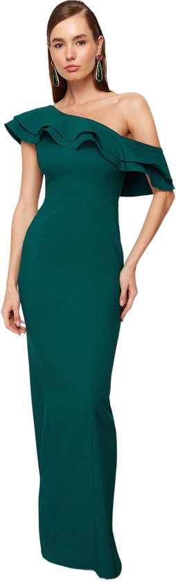 Trendyol Smaragdgroene Volant Gedetailleerde Geweven Elegante Avondjurk Tprss24Ae00066