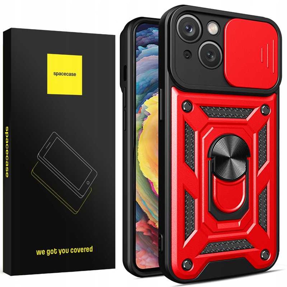 Spacecase Camring Case Voor Iphone 15 Plus Cover Krassen Rood