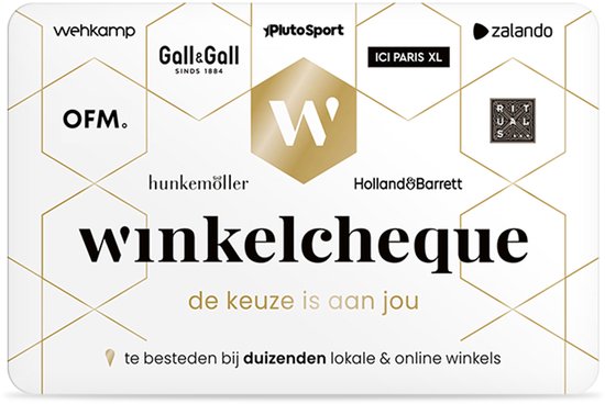 Winkelcheque cadeaukaart met gouden W, de tekst 'winkelcheque' en 'de keuze is aan jou'.