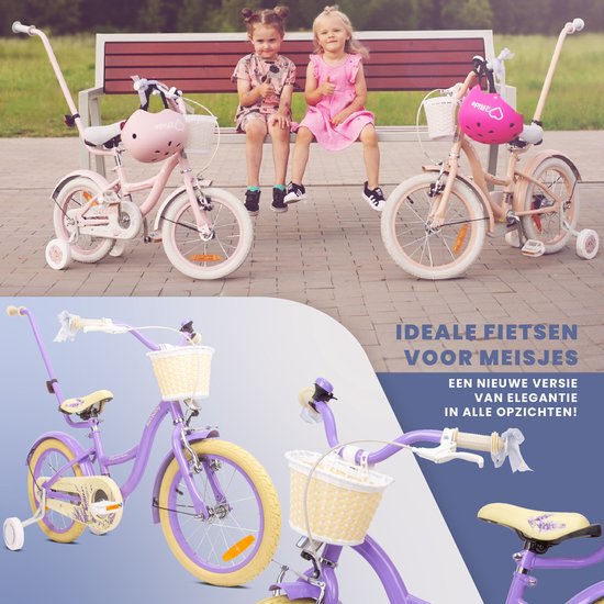 Flower Bike Fiets voor een meisje van 3 tot 5 jaar, 16 inch Lavendel, met fietsbel, zijwieltjes, duwstang en stuurmandje van Qplay — afbeelding 4