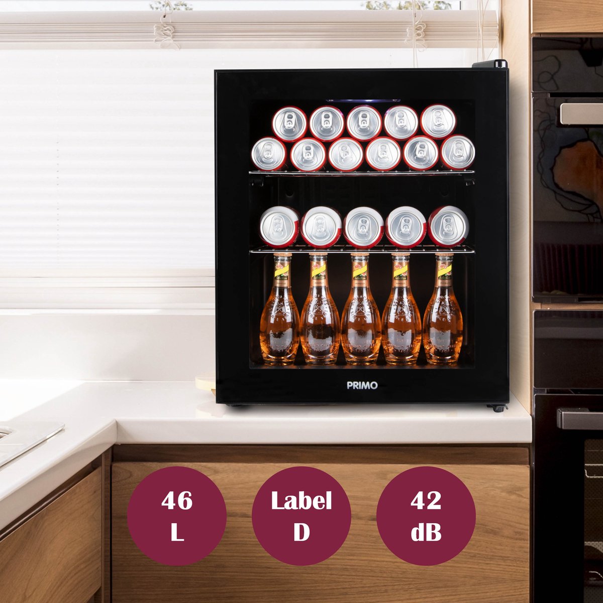 PRIMO PR178BC Drankkoelkast - Minibar - Mini Koelkast - Glazen deur - 46L - D - Zwart — afbeelding 5