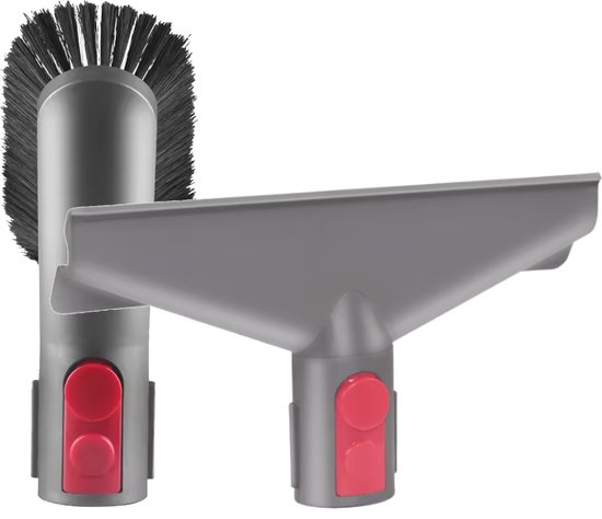 Grijze stofzuigeraccessoires met rode knoppen: een ronde borstel en een plat mondstuk.