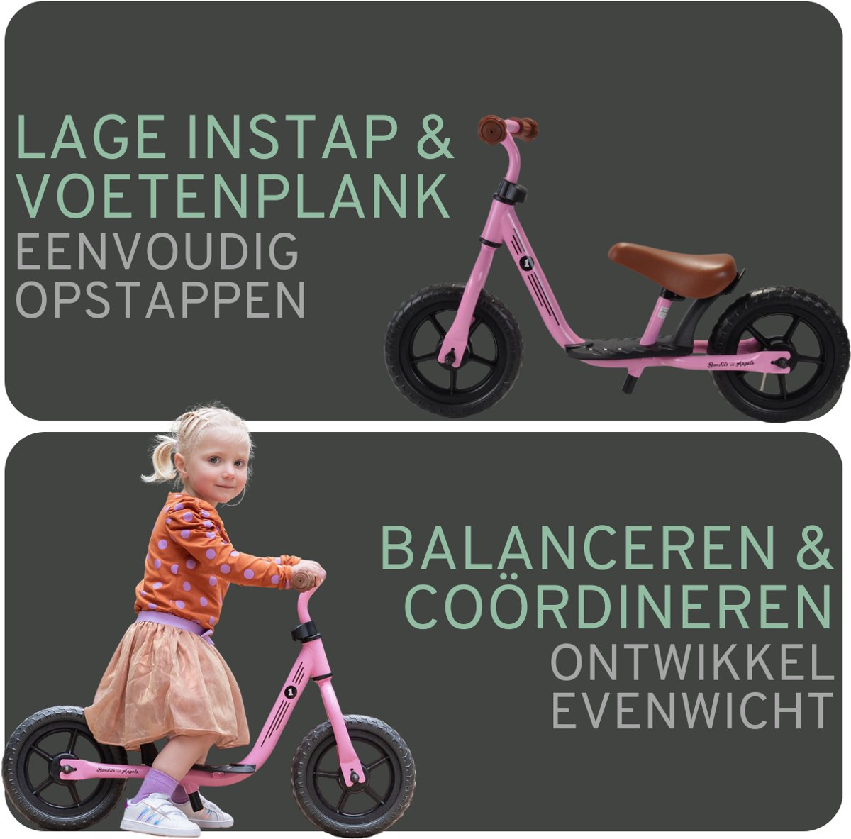 Bandits & Angels Metalen Loopfiets Starter Roze met Voetenplank vanaf 2 Jaar - Limited Edition - Roze Loop Fiets - Verstelbaar Zadel 29 tot 39 cm - Voor Jongens en Meisjes - Compact en Veilig - Lage Instap met Voetenplank — afbeelding 5