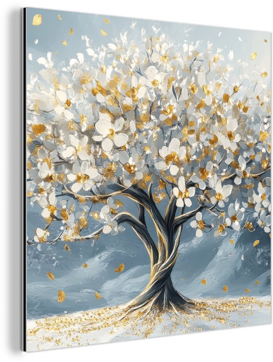 Aluminium schilderij 50x50 cm - Wanddecoratie metaal - Boom - Winter - Levensboom - Modern - Goud - Metalen muurdecoratie woonkamer - Decoratie industrieel - Foto op dibond - Industriële accessoires slaapkamer