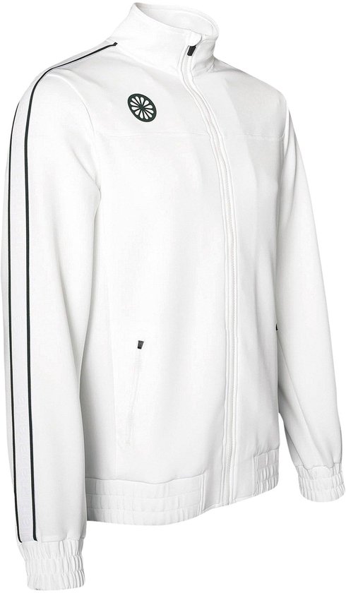 Veste d'entraînement blanche pour homme avec logo vert foncé sur la poitrine et rayures sur les manches.