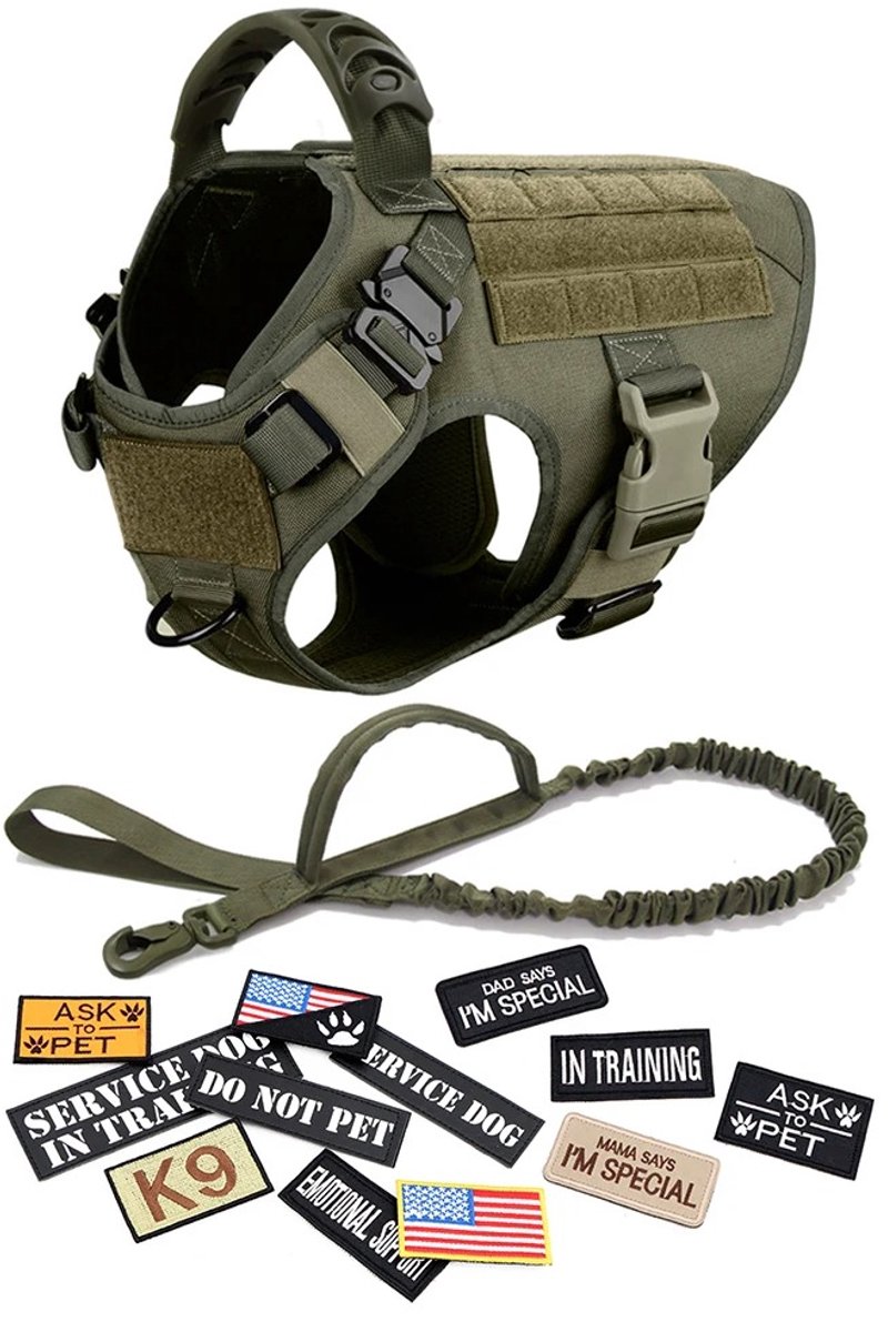 DreamPawz - Hondenharnas Set - Tactical Honden Tuigje met Leiband & 12 Patches - K9 - Groen - Anti-Trek Harnas - Extra Controle - XL