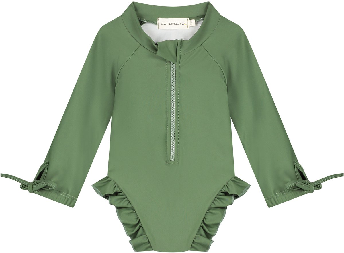 Supercute badpak UV-Zwempak - UPF50+ donkergroen met lange mouwen, drukknoopjes en ruffels