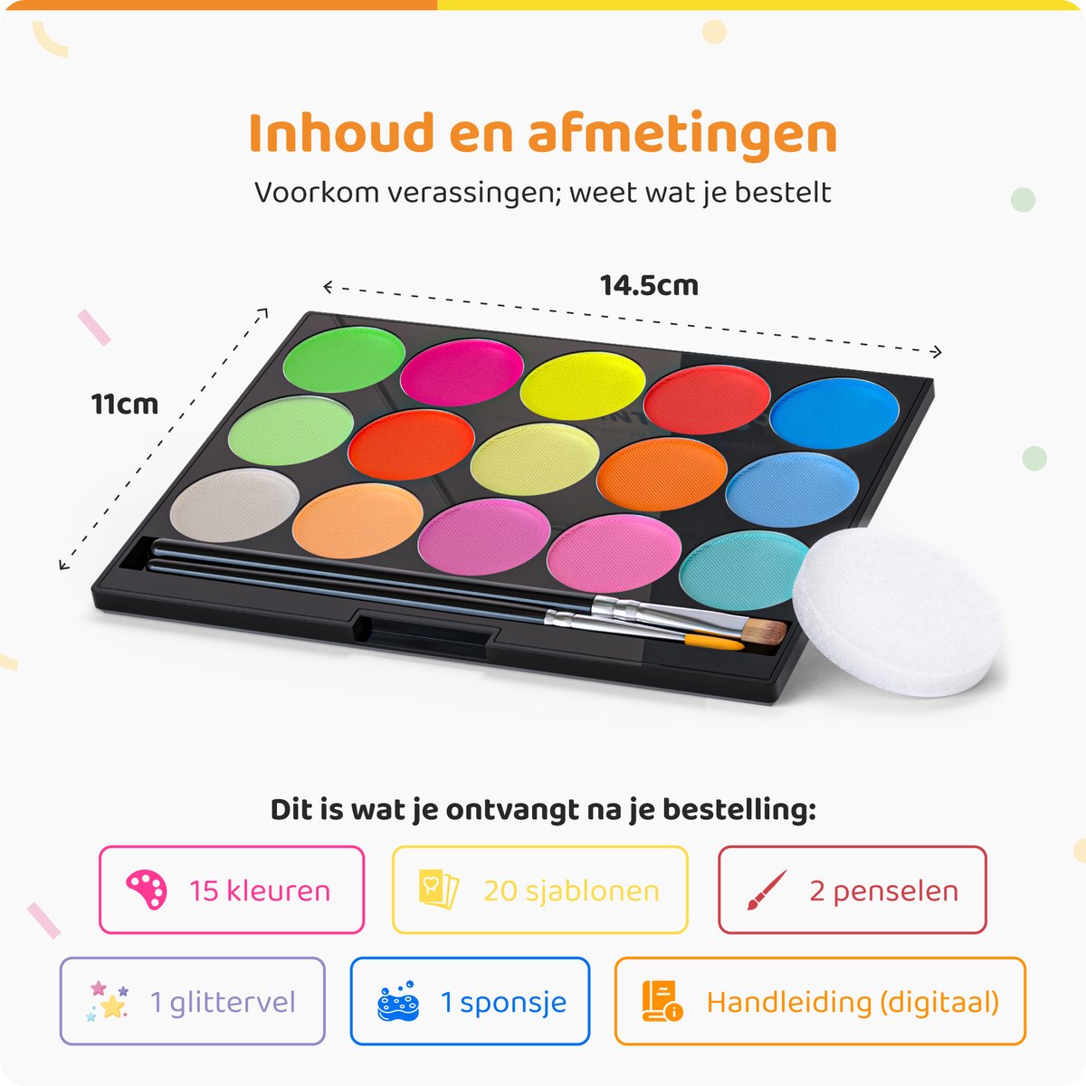Paint-A-Boo Schminkset Kinderen - Waterbasis - 15 kleuren - Voor 45 gezichten – Met 30 Voorbeelden — afbeelding 6