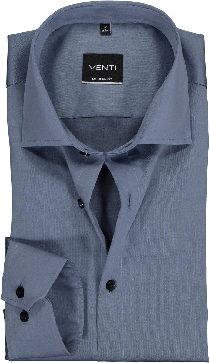 VENTI modern fit overhemd - mouwlengte 7 - twill - grijsblauw - Strijkvrij - Boordmaat: 43