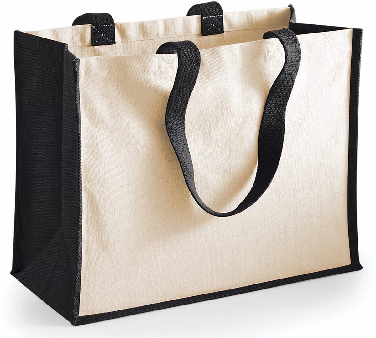 Jute katoenen boodschappentas - zwart/natural - 44 x 33 x 19 cm - 20 liter - draagtas - hengsels