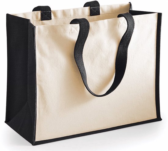 Jute katoenen boodschappentas - zwart/natural - 44 x 33 x 19 cm - 20 liter - draagtas - hengsels