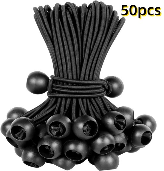Een bos van 50 zwarte elastische koorden, gebundeld met een koord, elk met een zwarte bal aan het uiteinde.