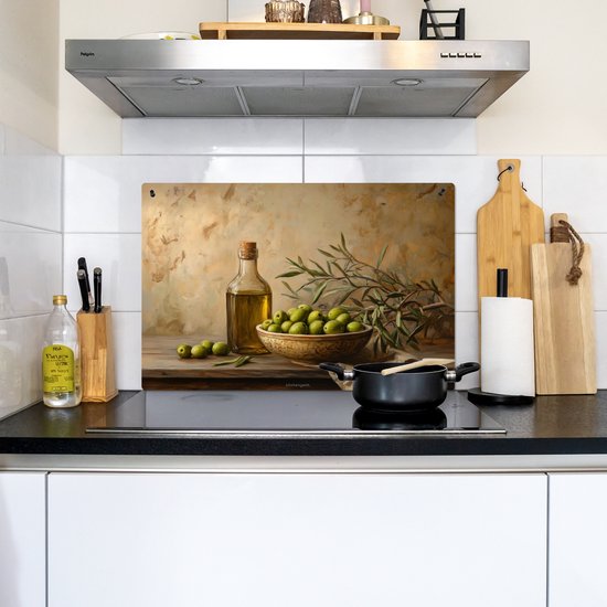 KitchenYeah® Protection plaque induction 78x52 cm - Olives - Nature morte - Vintage - Protege plaque de cuisson - Couvre plaque induction - Protecteur d'induction - Cuisine