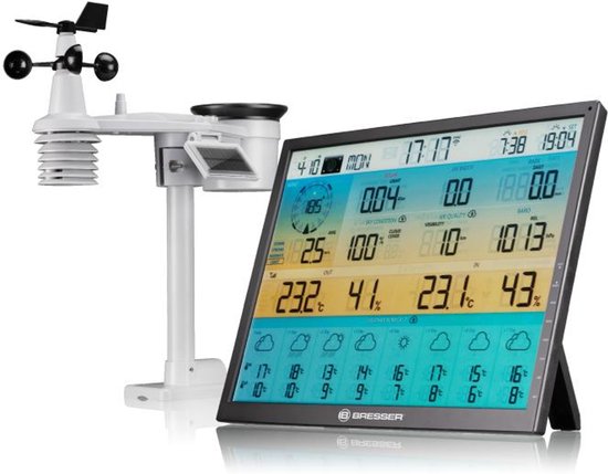 Bresser weerstation met 7-in-1 sensor en XXL-scherm, getoond op een witte achtergrond.