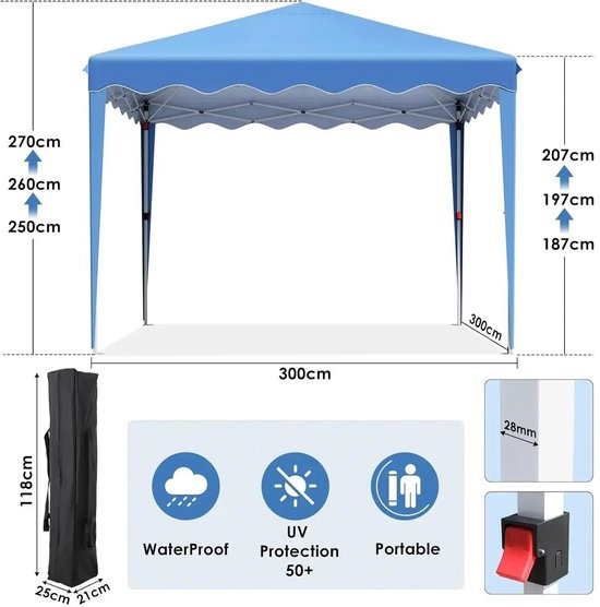 Partytent Opvouwbaar - Tuinpaviljoen - Easy Up Partytent - 3x3m - Pop Up Canopy - Zijwanden – Outdoor Winter Gazebo – Verstelbare - Hoogte Poten – Ramen - Draagtas - UV - Bescherming - Wit — afbeelding 2