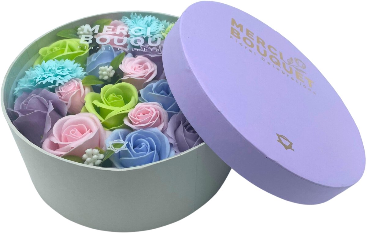 Zeepbloemen Geschenk Set - Ronde Doos - Blauwe Zeeprozen - Zeep Rozen - Zeepbloemen Cadeau Set - 20x8cm