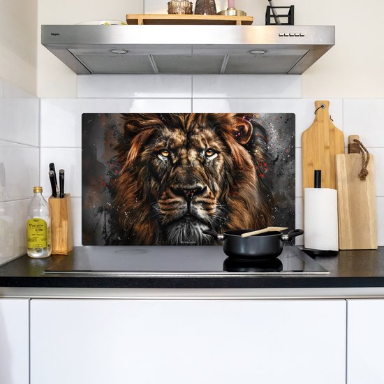KitchenYeah® Protection plaque induction 85x50 cm - Lion - Animal - Peinture - Noir - Protege plaque de cuisson - Couvre plaque induction - Protecteur d'induction - Cuisine
