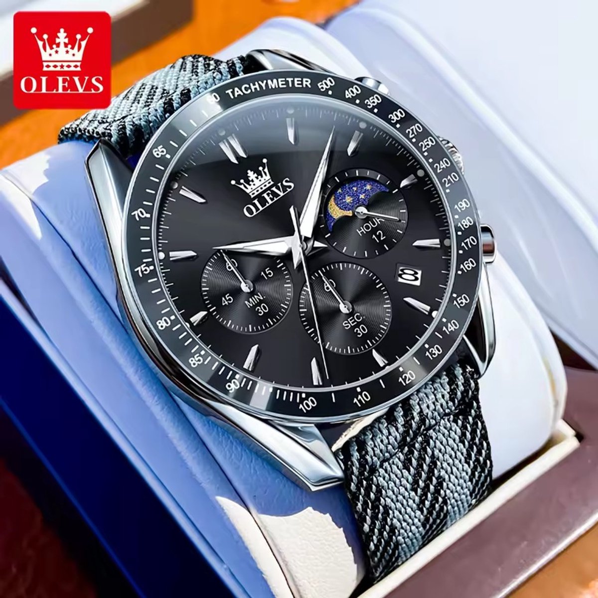 HO-3630.zw : Olevs zwart edelstaal horloge, chronografisch, tachymeter, zwarte wijzerplaat, seconden minuten uur-maanfase aanduiding