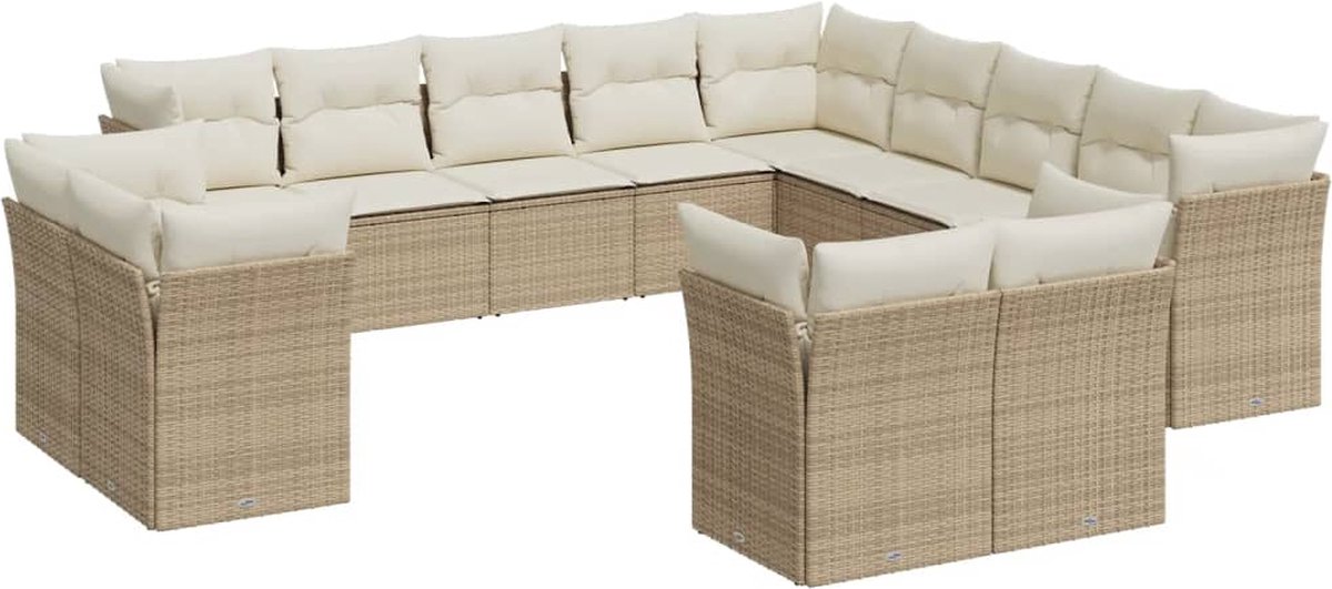 The Living Store 13-delige Loungeset met kussens poly rattan beige - Loungebank - Tuinset - Buitendecoratie - Loungehoek - Garden Furniture