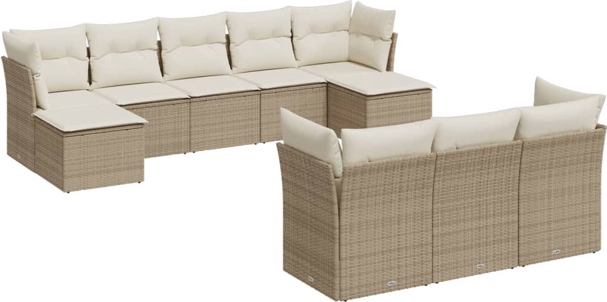 The Living Store 10-delige Loungeset met kussens poly rattan beige - Loungeset - Tuinlounge - Buitendecoratie - Loungemeubels - Outdoor Living
