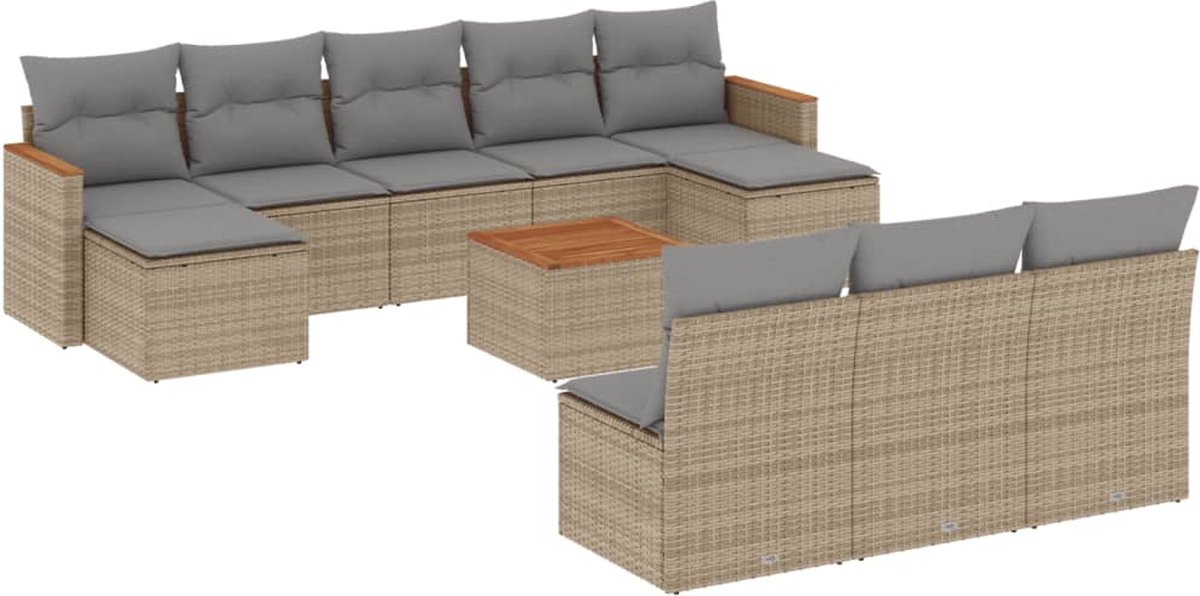 Poly rattan loungeset in beige met kussens voor tuindecoratie.