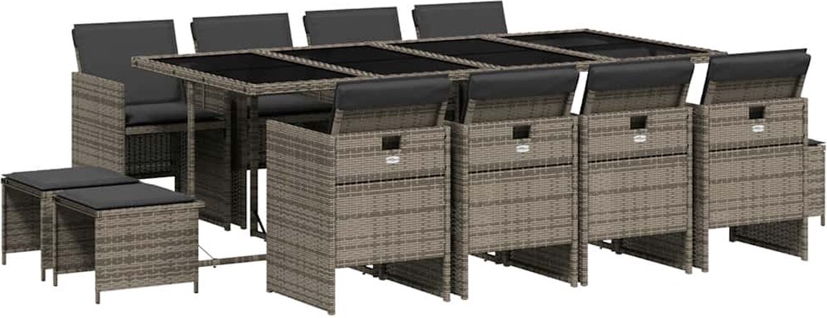 The Living Store 13-delige Tuinset met kussens poly rattan grijs - Tuinset - Buitendecoratie - Lounge Set - Eetkamerset - Patio Furniture