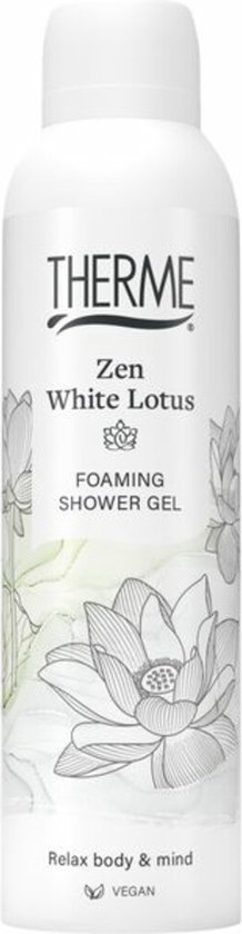 Witte spuitbus met THERME Zen White Lotus schuimende douchegel. Met lotusbloem-illustraties.