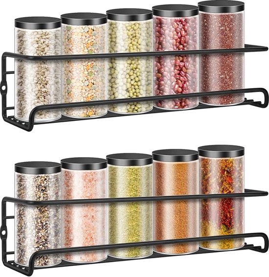 Kruidenrek voor aan de muur, set van 2, hangend, zonder boren, keukenrek, metaal, kruidenrek, wandrek zonder boren, keukenrek, hangend kruidenrek voor keukenkast, doucheplank, hangende organizer