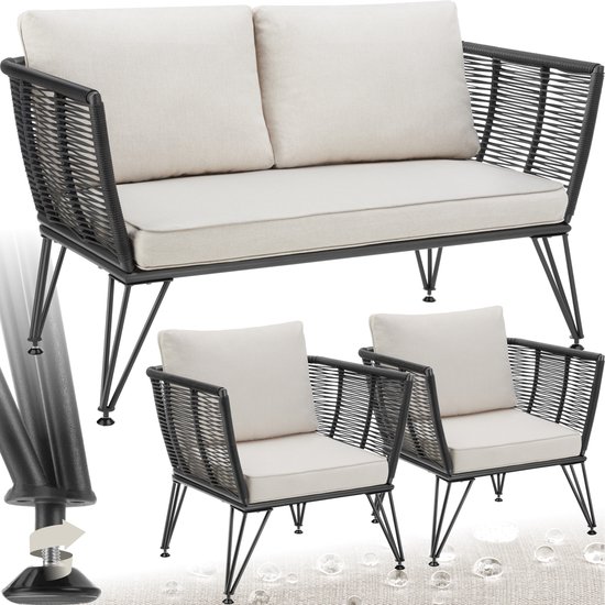 tectake® Wicker loungeset - Tuinmeubelset met bank en 2 fauteuils - Weerbestendig - Ideaal als tuin-, balkon- of serremeubilair - Stijlvolle en comfortabele loungemeubelen - Rope design