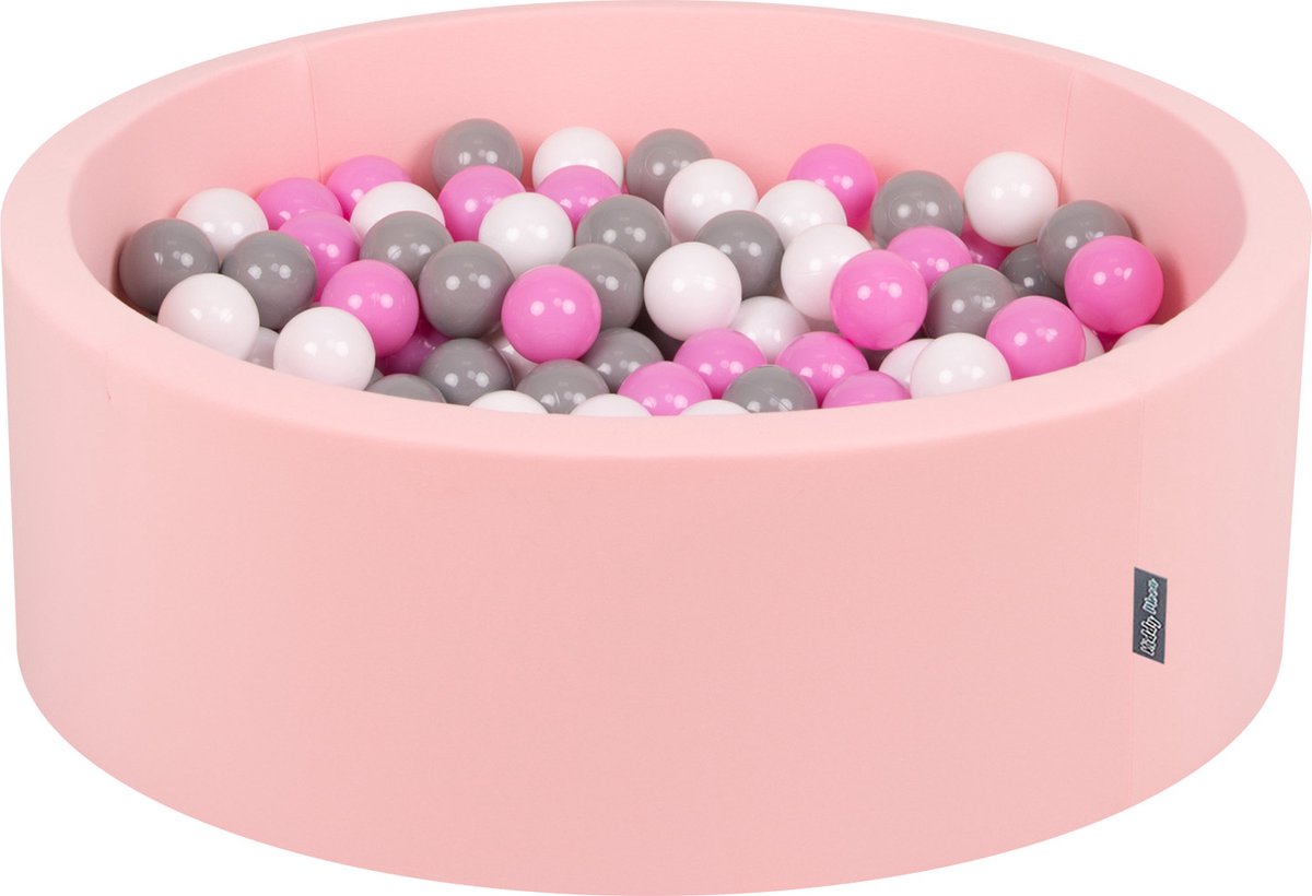 KiddyMoon Ballenbak voor kinderen Rond 90x30cm - 200 kleurrijke ballen ∅7cm - Speelgoed baby schuim - Baby ballenbad foam - Kunststof ballen - Ballenbak ballen - Voor sensorische - Met schuimvulling - Lichtroze: Grijs Wit Roze