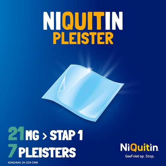 NiQuitin pleister, stap 1, 21 mg, 7 pleisters. Transparante pleister.