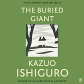 Boekcover van 'The Buried Giant' door Kazuo Ishiguro. Groene achtergrond met een vierkant prentje van twee figuren in een winterse setting. Tekst: 'The #1 Sunday Times Bestseller', 'The Buried Giant', 'Kazuo Ishiguro', 'Winner of the Nobel Prize in Literature'.