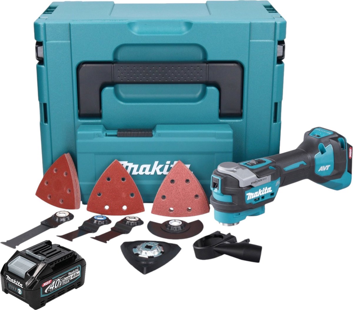 Makita TM 001 GM103 Snoerloos multifunctioneel gereedschap 40 V max. Starlock Max Brushless + 1x accu 4.0 Ah + 37 stuks accessoireset + Makpac - zonder oplader