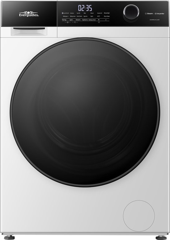 Everglades EVWM91411AW Zuinige Wasmachine - 9KG - A Klasse - Stoomfuncties/Allergie+ - Koolborstelloze Motor - Zeer Stil 72dB - Alpine Wit - 5 Jaar Garantie