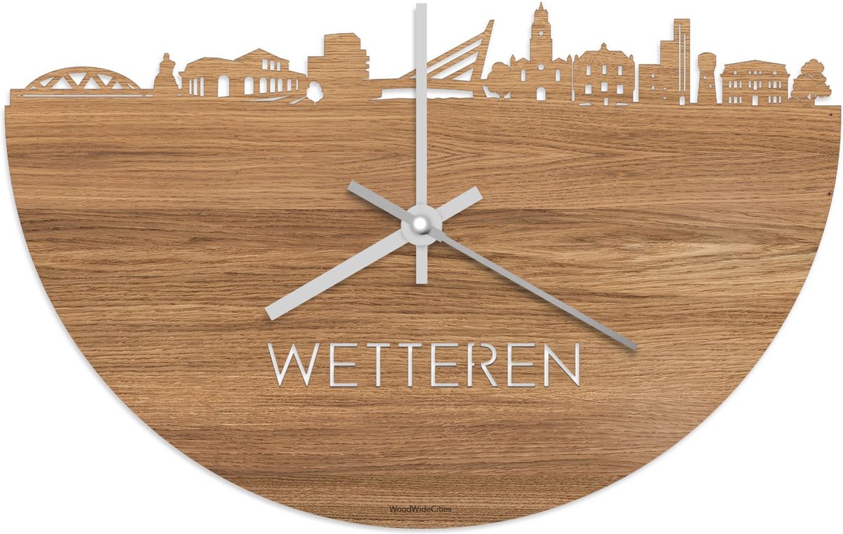 Skyline Klok Wetteren Eikenhout - Ø 40 cm - Stil uurwerk - Wanddecoratie - Meer steden beschikbaar - Woonkamer idee - Woondecoratie - City Art - Steden kunst - Cadeau voor hem - Cadeau voor haar - Jubileum - Trouwerij - Housewarming - WoodWideCities