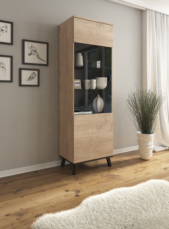Meubella - Vitrinekast Jenny - Eiken - Zwart - 61 cm