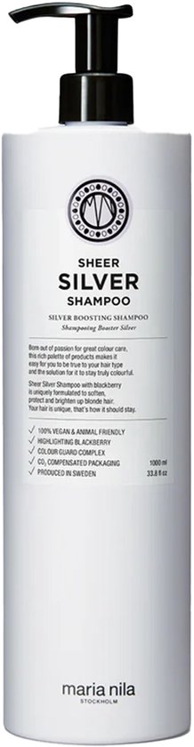 Grote witte fles Maria Nila Sheer Silver Shampoo met pompdispenser en informatie over het product.