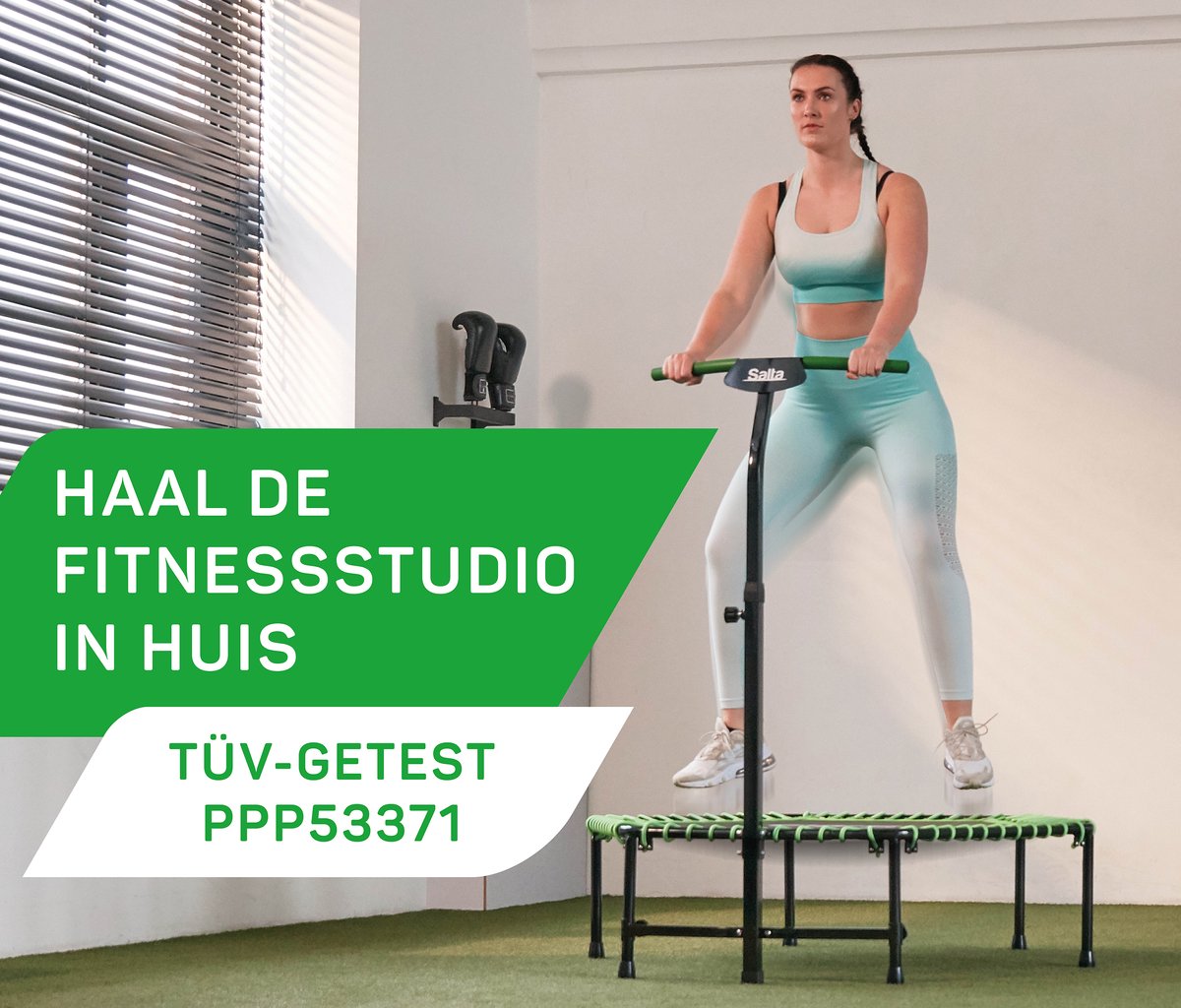 Salta Fitness - 128 cm - Belastbaar tot 110 kg - Fitness / sport trampoline met verstelbaar handvat - Elastieken veren, stevig frame - Mini trampoline volwassenen met handgreep in 5 hoogtes - Groen — afbeelding 3