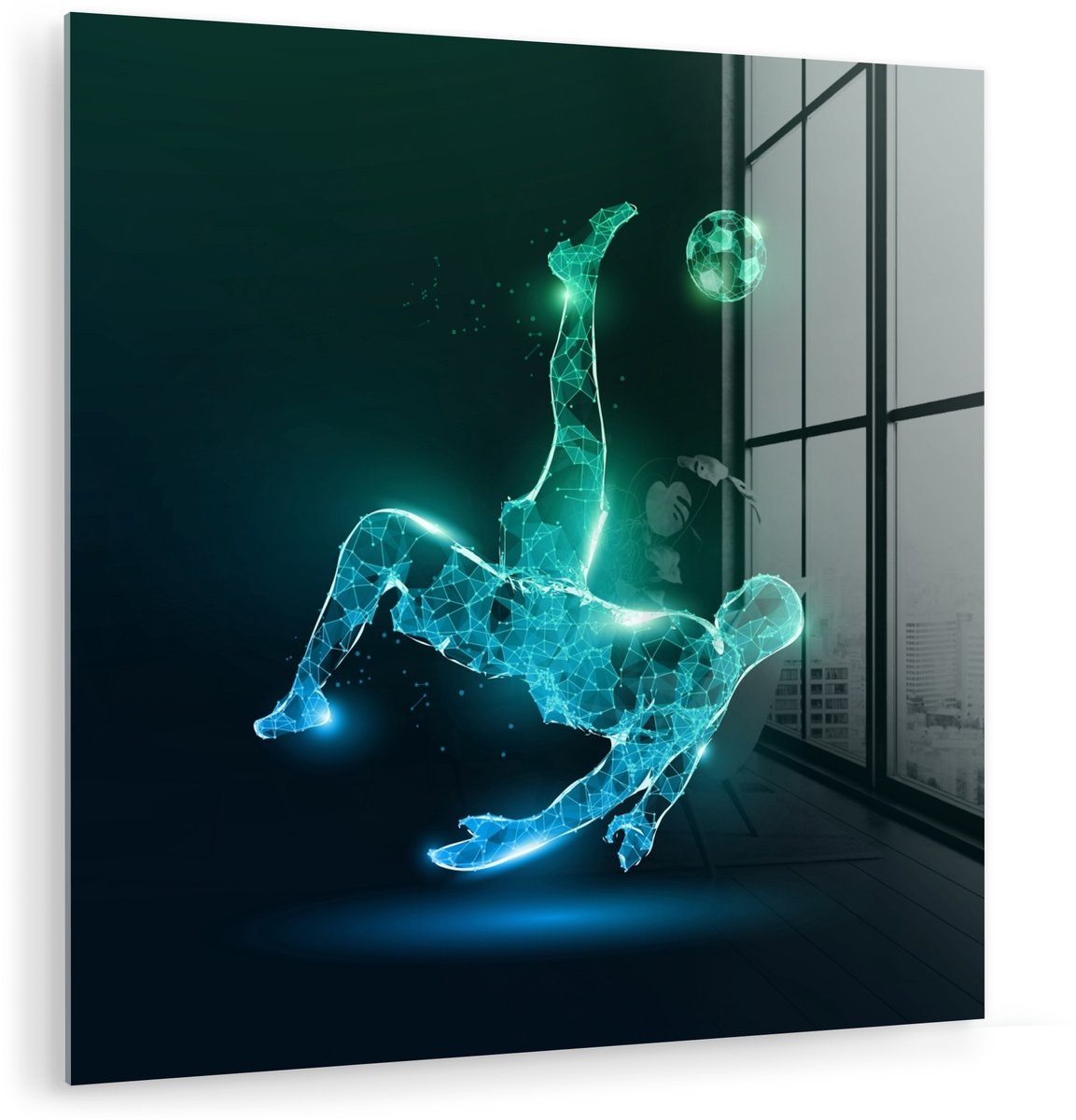 MuchoWow® Glasschilderij 20x20 cm - Schilderij acrylglas - Voetbal - Voetballer - Jongen - Zwart - Foto op glas - Muurdecoratie woonkamer - Wanddecoratie slaapkamer - Schilderijen