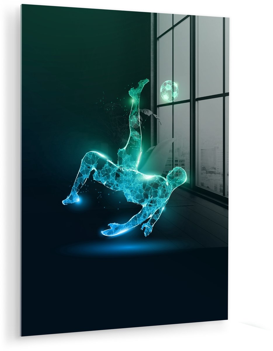 MuchoWow® Glasschilderij 60x80 cm - Schilderij acrylglas - Voetbal - Voetballer - Jongen - Zwart - Foto op glas - Muurdecoratie woonkamer - Wanddecoratie slaapkamer - Schilderijen