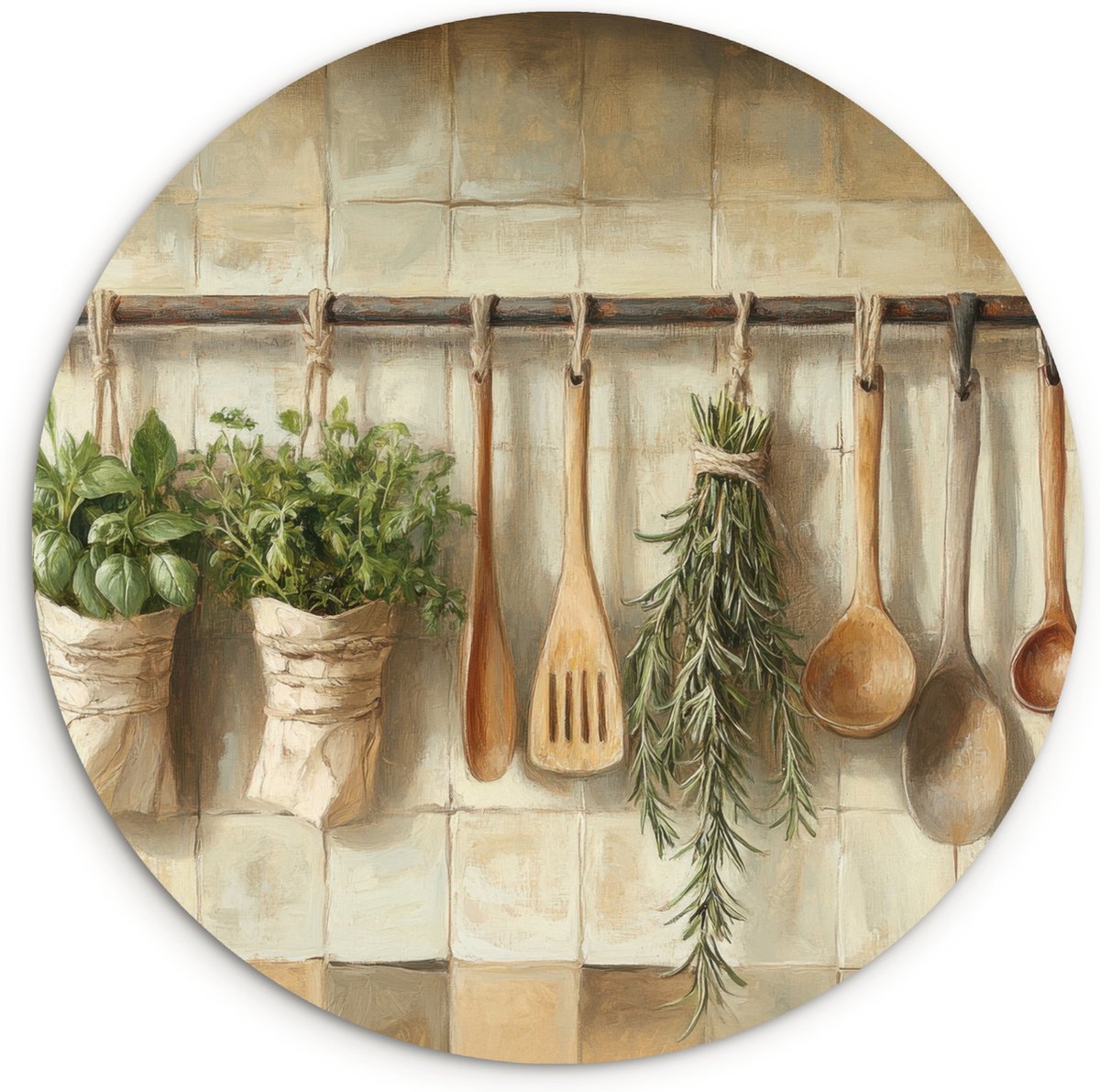 WallCircle Wandcirkel 60x60 cm - Muurcirkel Hout - Keukengerei - Stilleven - Tegels - Muurdecoratie woonkamer - Wanddecoratie keuken - Kamer decoratie accessoires - Ronde schilderijen Houten keukengerei - Stilleven
