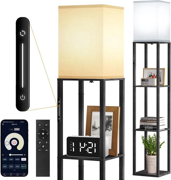 5-traps RGB hoekrek staand, LED vloerlamp woonkamer 160cm, staande lamp met houten rek via app & afstandsbediening, 6 kleurtemperaturen 2700-6500K, hoekvitrine staande lamp woonkamer slaapkamer