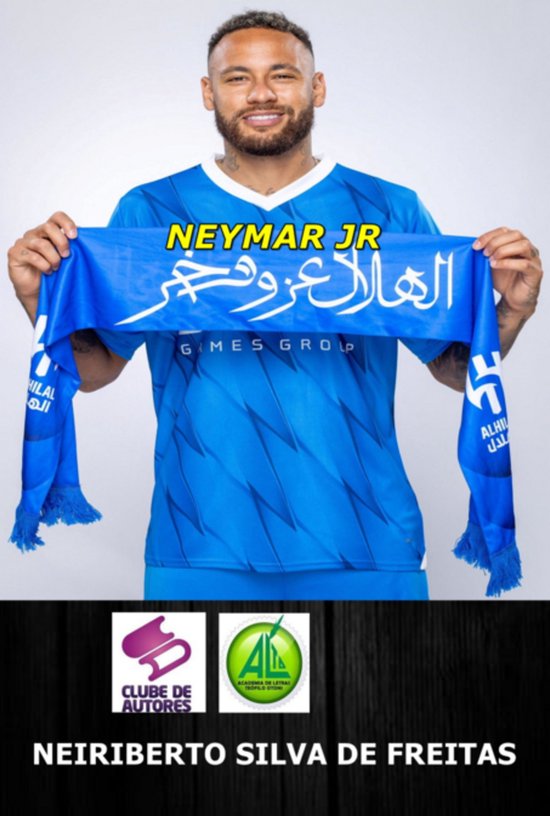 Neymar Jr portant un maillot bleu avec "Al Hilal" et une écharpe bleue.
