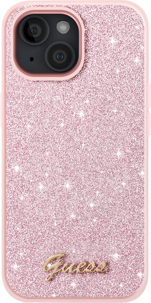 Guess hoesje voor iPhone 14 - Backcover - Glitter Script - Roze