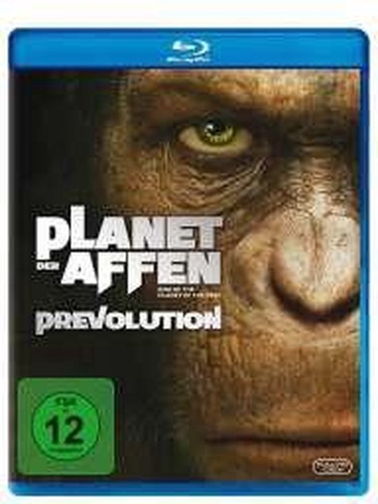 Blu-ray hoes met close-up van het gezicht van een aap en tekst 'Planet der Affen: Prevolution'.